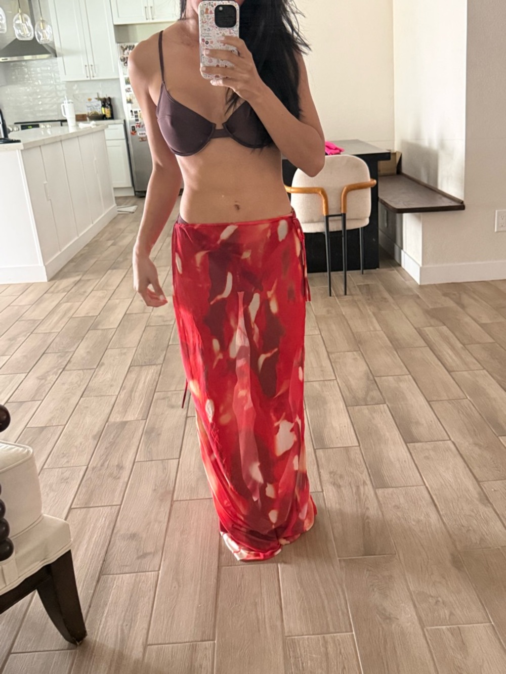 Women’s Red Printed Sheer Swim Sarong Cover-Up